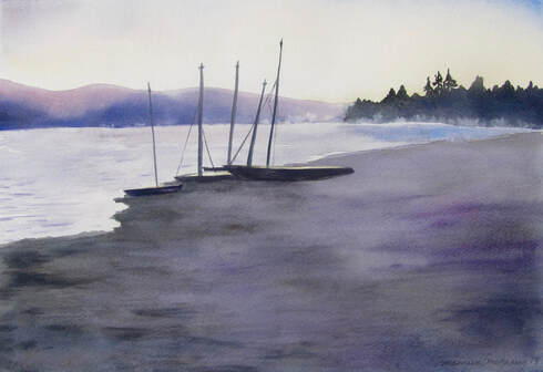 Resting Boats, Big Lagoon, watercolor by Maureen McGarry